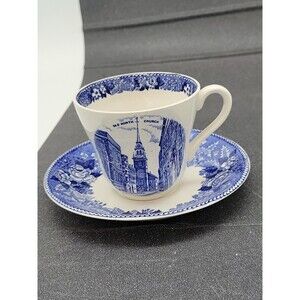 Vtg Jonroth Adams Staffordshire Blue Transfer Boston MA Teacup Saucer England